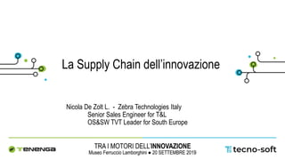 La Supply Chain dell’innovazione
Nicola De Zolt L. - Zebra Technologies Italy
Senior Sales Engineer for T&L
OS&SW TVT Leader for South Europe
 