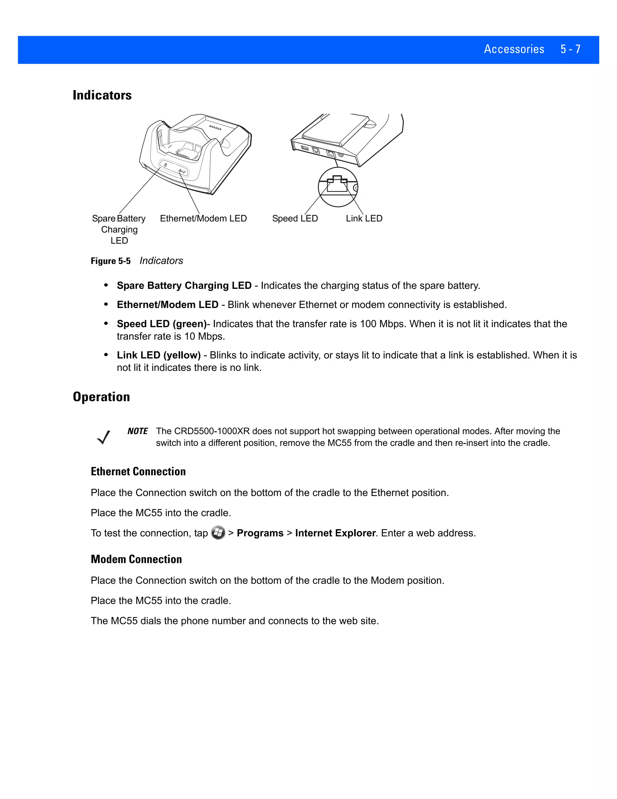 Accessories 5 - 7
Indicators
Figure 5-5 Indicators
• Spare Battery Charging LED - Indicates the charging status of the spare battery.
• Ethernet/Modem LED - Blink whenever Ethernet or modem connectivity is established.
• Speed LED (green)- Indicates that the transfer rate is 100 Mbps. When it is not lit it indicates that the
transfer rate is 10 Mbps.
• Link LED (yellow) - Blinks to indicate activity, or stays lit to indicate that a link is established. When it is
not lit it indicates there is no link.
Operation
Ethernet Connection
Place the Connection switch on the bottom of the cradle to the Ethernet position.
Place the MC55 into the cradle.
To test the connection, tap > Programs > Internet Explorer. Enter a web address.
Modem Connection
Place the Connection switch on the bottom of the cradle to the Modem position.
Place the MC55 into the cradle.
The MC55 dials the phone number and connects to the web site.
Ethernet/Modem LEDSpareBattery
Charging
LED
Speed LED Link LED
NOTE The CRD5500-1000XR does not support hot swapping between operational modes. After moving the
switch into a different position, remove the MC55 from the cradle and then re-insert into the cradle.
 