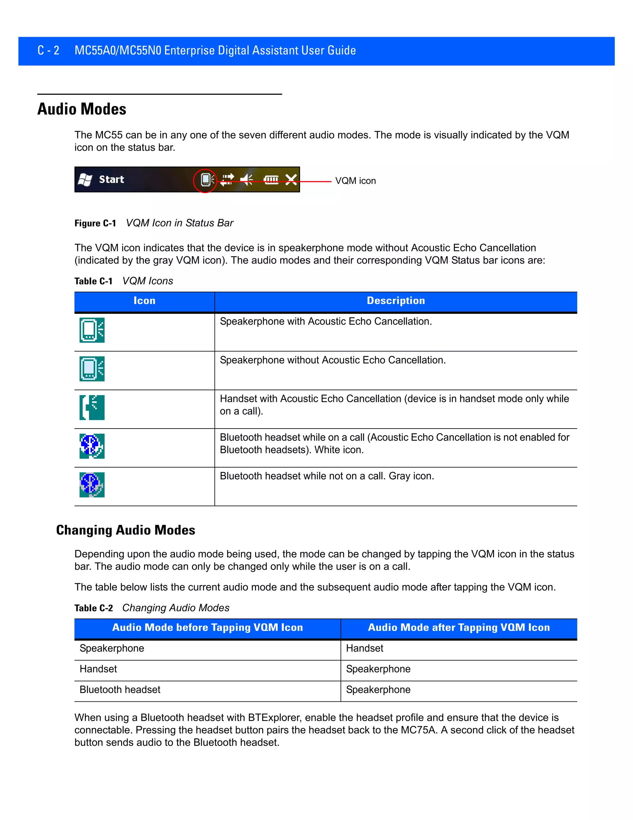C - 2 MC55A0/MC55N0 Enterprise Digital Assistant User Guide
Audio Modes
The MC55 can be in any one of the seven different audio modes. The mode is visually indicated by the VQM
icon on the status bar.
Figure C-1 VQM Icon in Status Bar
The VQM icon indicates that the device is in speakerphone mode without Acoustic Echo Cancellation
(indicated by the gray VQM icon). The audio modes and their corresponding VQM Status bar icons are:
Changing Audio Modes
Depending upon the audio mode being used, the mode can be changed by tapping the VQM icon in the status
bar. The audio mode can only be changed only while the user is on a call.
The table below lists the current audio mode and the subsequent audio mode after tapping the VQM icon.
When using a Bluetooth headset with BTExplorer, enable the headset profile and ensure that the device is
connectable. Pressing the headset button pairs the headset back to the MC75A. A second click of the headset
button sends audio to the Bluetooth headset.
Table C-1 VQM Icons
Icon Description
Speakerphone with Acoustic Echo Cancellation.
Speakerphone without Acoustic Echo Cancellation.
Handset with Acoustic Echo Cancellation (device is in handset mode only while
on a call).
Bluetooth headset while on a call (Acoustic Echo Cancellation is not enabled for
Bluetooth headsets). White icon.
Bluetooth headset while not on a call. Gray icon.
VQM icon
Table C-2 Changing Audio Modes
Audio Mode before Tapping VQM Icon Audio Mode after Tapping VQM Icon
Speakerphone Handset
Handset Speakerphone
Bluetooth headset Speakerphone
 