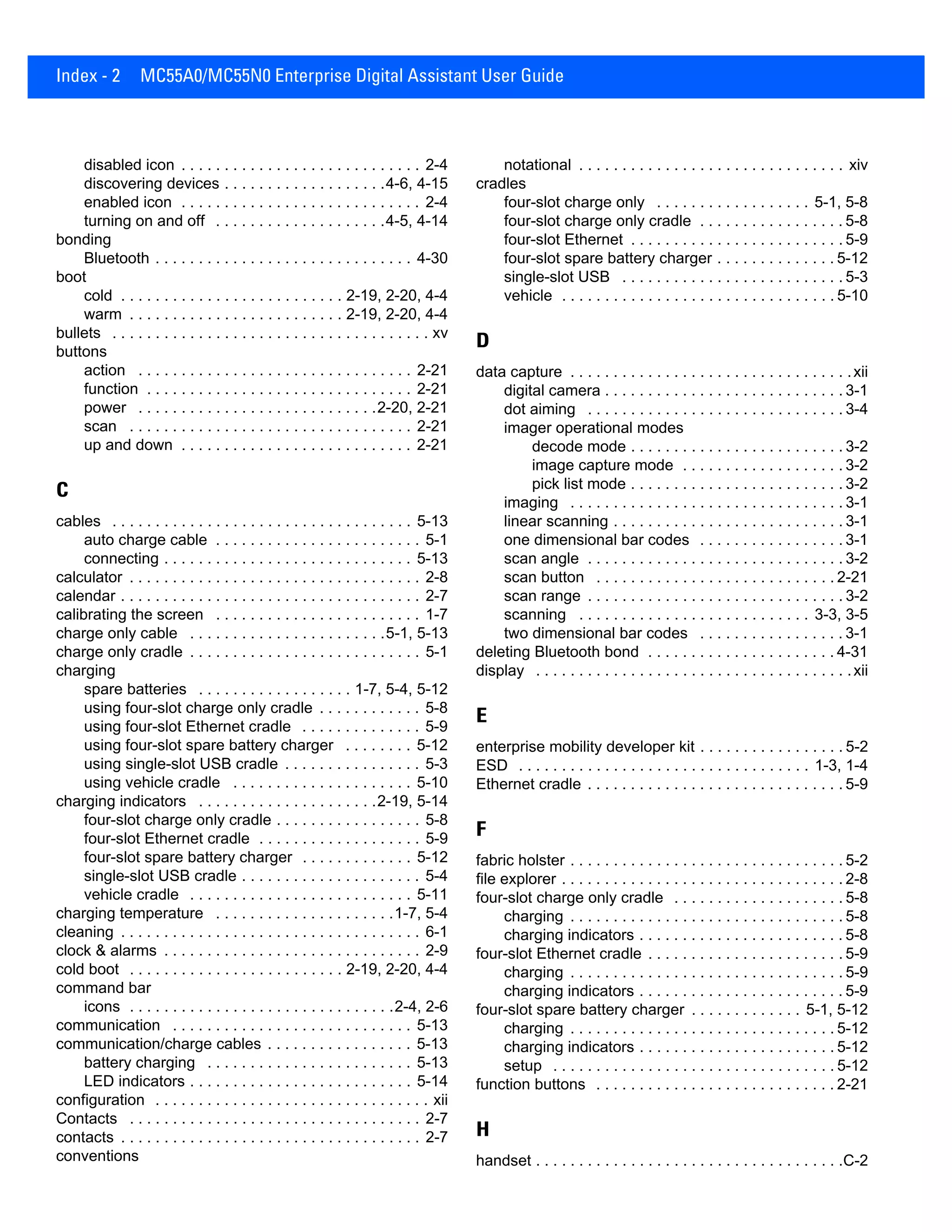 Index - 2 MC55A0/MC55N0 Enterprise Digital Assistant User Guide
disabled icon . . . . . . . . . . . . . . . . . . . . . . . . . . . . 2-4
discovering devices . . . . . . . . . . . . . . . . . . .4-6, 4-15
enabled icon . . . . . . . . . . . . . . . . . . . . . . . . . . . . 2-4
turning on and off . . . . . . . . . . . . . . . . . . . .4-5, 4-14
bonding
Bluetooth . . . . . . . . . . . . . . . . . . . . . . . . . . . . . . 4-30
boot
cold . . . . . . . . . . . . . . . . . . . . . . . . . . 2-19, 2-20, 4-4
warm . . . . . . . . . . . . . . . . . . . . . . . . . 2-19, 2-20, 4-4
bullets . . . . . . . . . . . . . . . . . . . . . . . . . . . . . . . . . . . . . xv
buttons
action . . . . . . . . . . . . . . . . . . . . . . . . . . . . . . . . 2-21
function . . . . . . . . . . . . . . . . . . . . . . . . . . . . . . . 2-21
power . . . . . . . . . . . . . . . . . . . . . . . . . . . .2-20, 2-21
scan . . . . . . . . . . . . . . . . . . . . . . . . . . . . . . . . . 2-21
up and down . . . . . . . . . . . . . . . . . . . . . . . . . . . 2-21
C
cables . . . . . . . . . . . . . . . . . . . . . . . . . . . . . . . . . . . 5-13
auto charge cable . . . . . . . . . . . . . . . . . . . . . . . . 5-1
connecting . . . . . . . . . . . . . . . . . . . . . . . . . . . . . 5-13
calculator . . . . . . . . . . . . . . . . . . . . . . . . . . . . . . . . . . 2-8
calendar . . . . . . . . . . . . . . . . . . . . . . . . . . . . . . . . . . . 2-7
calibrating the screen . . . . . . . . . . . . . . . . . . . . . . . . 1-7
charge only cable . . . . . . . . . . . . . . . . . . . . . . .5-1, 5-13
charge only cradle . . . . . . . . . . . . . . . . . . . . . . . . . . . 5-1
charging
spare batteries . . . . . . . . . . . . . . . . . . 1-7, 5-4, 5-12
using four-slot charge only cradle . . . . . . . . . . . . 5-8
using four-slot Ethernet cradle . . . . . . . . . . . . . . 5-9
using four-slot spare battery charger . . . . . . . . 5-12
using single-slot USB cradle . . . . . . . . . . . . . . . . 5-3
using vehicle cradle . . . . . . . . . . . . . . . . . . . . . 5-10
charging indicators . . . . . . . . . . . . . . . . . . . . .2-19, 5-14
four-slot charge only cradle . . . . . . . . . . . . . . . . . 5-8
four-slot Ethernet cradle . . . . . . . . . . . . . . . . . . . 5-9
four-slot spare battery charger . . . . . . . . . . . . . 5-12
single-slot USB cradle . . . . . . . . . . . . . . . . . . . . . 5-4
vehicle cradle . . . . . . . . . . . . . . . . . . . . . . . . . . 5-11
charging temperature . . . . . . . . . . . . . . . . . . . . .1-7, 5-4
cleaning . . . . . . . . . . . . . . . . . . . . . . . . . . . . . . . . . . . 6-1
clock & alarms . . . . . . . . . . . . . . . . . . . . . . . . . . . . . . 2-9
cold boot . . . . . . . . . . . . . . . . . . . . . . . . . 2-19, 2-20, 4-4
command bar
icons . . . . . . . . . . . . . . . . . . . . . . . . . . . . . . .2-4, 2-6
communication . . . . . . . . . . . . . . . . . . . . . . . . . . . . 5-13
communication/charge cables . . . . . . . . . . . . . . . . . 5-13
battery charging . . . . . . . . . . . . . . . . . . . . . . . . 5-13
LED indicators . . . . . . . . . . . . . . . . . . . . . . . . . . 5-14
configuration . . . . . . . . . . . . . . . . . . . . . . . . . . . . . . . . xii
Contacts . . . . . . . . . . . . . . . . . . . . . . . . . . . . . . . . . . 2-7
contacts . . . . . . . . . . . . . . . . . . . . . . . . . . . . . . . . . . . 2-7
conventions
notational . . . . . . . . . . . . . . . . . . . . . . . . . . . . . . . xiv
cradles
four-slot charge only . . . . . . . . . . . . . . . . . . 5-1, 5-8
four-slot charge only cradle . . . . . . . . . . . . . . . . . 5-8
four-slot Ethernet . . . . . . . . . . . . . . . . . . . . . . . . . 5-9
four-slot spare battery charger . . . . . . . . . . . . . . 5-12
single-slot USB . . . . . . . . . . . . . . . . . . . . . . . . . . 5-3
vehicle . . . . . . . . . . . . . . . . . . . . . . . . . . . . . . . . 5-10
D
data capture . . . . . . . . . . . . . . . . . . . . . . . . . . . . . . . . .xii
digital camera . . . . . . . . . . . . . . . . . . . . . . . . . . . . 3-1
dot aiming . . . . . . . . . . . . . . . . . . . . . . . . . . . . . . 3-4
imager operational modes
decode mode . . . . . . . . . . . . . . . . . . . . . . . . . 3-2
image capture mode . . . . . . . . . . . . . . . . . . . 3-2
pick list mode . . . . . . . . . . . . . . . . . . . . . . . . . 3-2
imaging . . . . . . . . . . . . . . . . . . . . . . . . . . . . . . . . 3-1
linear scanning . . . . . . . . . . . . . . . . . . . . . . . . . . . 3-1
one dimensional bar codes . . . . . . . . . . . . . . . . . 3-1
scan angle . . . . . . . . . . . . . . . . . . . . . . . . . . . . . . 3-2
scan button . . . . . . . . . . . . . . . . . . . . . . . . . . . . 2-21
scan range . . . . . . . . . . . . . . . . . . . . . . . . . . . . . . 3-2
scanning . . . . . . . . . . . . . . . . . . . . . . . . . . . 3-3, 3-5
two dimensional bar codes . . . . . . . . . . . . . . . . . 3-1
deleting Bluetooth bond . . . . . . . . . . . . . . . . . . . . . . 4-31
display . . . . . . . . . . . . . . . . . . . . . . . . . . . . . . . . . . . . .xii
E
enterprise mobility developer kit . . . . . . . . . . . . . . . . . 5-2
ESD . . . . . . . . . . . . . . . . . . . . . . . . . . . . . . . . . . 1-3, 1-4
Ethernet cradle . . . . . . . . . . . . . . . . . . . . . . . . . . . . . . 5-9
F
fabric holster . . . . . . . . . . . . . . . . . . . . . . . . . . . . . . . . 5-2
file explorer . . . . . . . . . . . . . . . . . . . . . . . . . . . . . . . . . 2-8
four-slot charge only cradle . . . . . . . . . . . . . . . . . . . . 5-8
charging . . . . . . . . . . . . . . . . . . . . . . . . . . . . . . . . 5-8
charging indicators . . . . . . . . . . . . . . . . . . . . . . . . 5-8
four-slot Ethernet cradle . . . . . . . . . . . . . . . . . . . . . . . 5-9
charging . . . . . . . . . . . . . . . . . . . . . . . . . . . . . . . . 5-9
charging indicators . . . . . . . . . . . . . . . . . . . . . . . . 5-9
four-slot spare battery charger . . . . . . . . . . . . . 5-1, 5-12
charging . . . . . . . . . . . . . . . . . . . . . . . . . . . . . . . 5-12
charging indicators . . . . . . . . . . . . . . . . . . . . . . . 5-12
setup . . . . . . . . . . . . . . . . . . . . . . . . . . . . . . . . . 5-12
function buttons . . . . . . . . . . . . . . . . . . . . . . . . . . . . 2-21
H
handset . . . . . . . . . . . . . . . . . . . . . . . . . . . . . . . . . . . .C-2
 