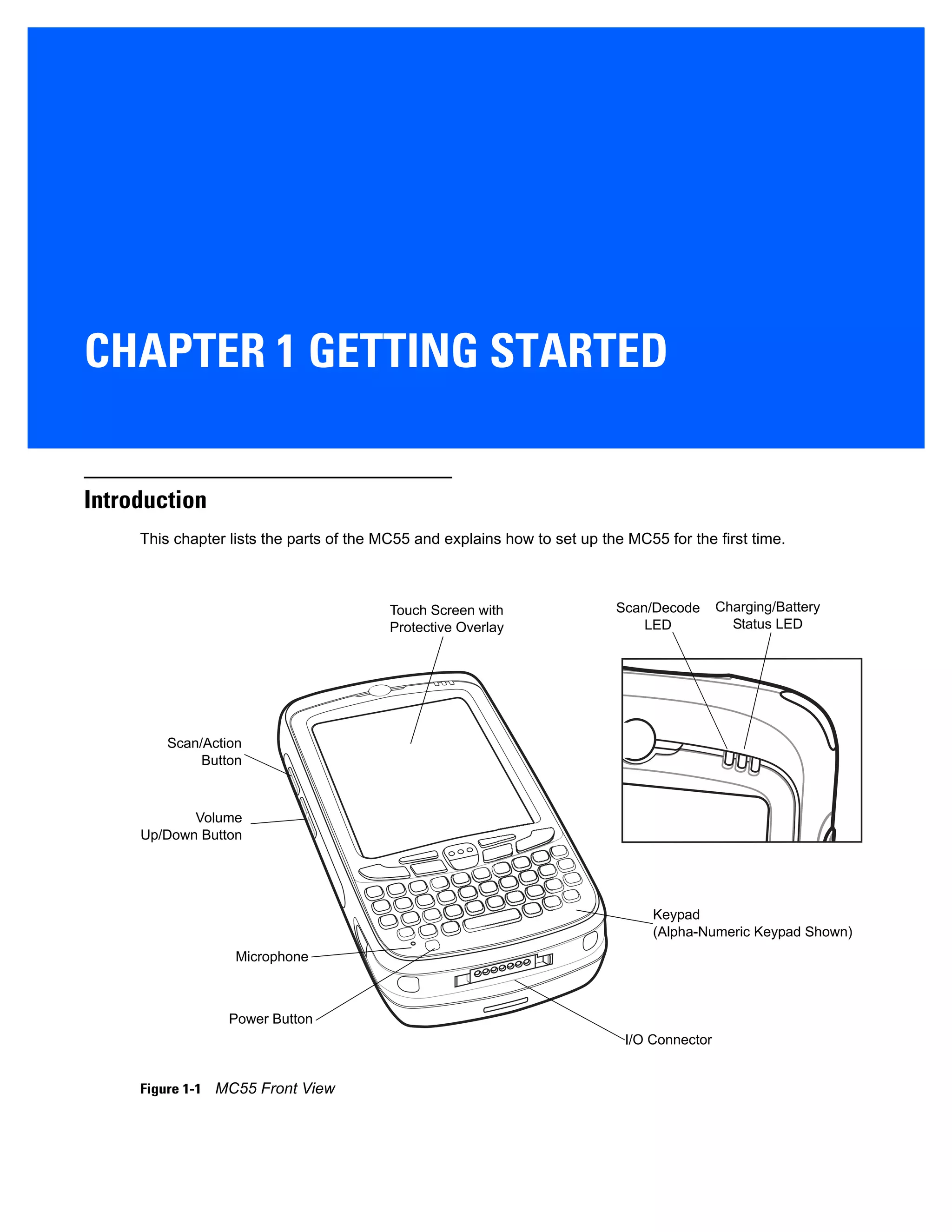 CHAPTER 1 GETTING STARTED
Introduction
This chapter lists the parts of the MC55 and explains how to set up the MC55 for the first time.
Figure 1-1 MC55 Front View
Scan/Decode
LED
Charging/Battery
Status LED
Scan/Action
Button
Keypad
(Alpha-Numeric Keypad Shown)
Power Button
I/O Connector
Volume
Up/Down Button
Touch Screen with
Protective Overlay
Microphone
 