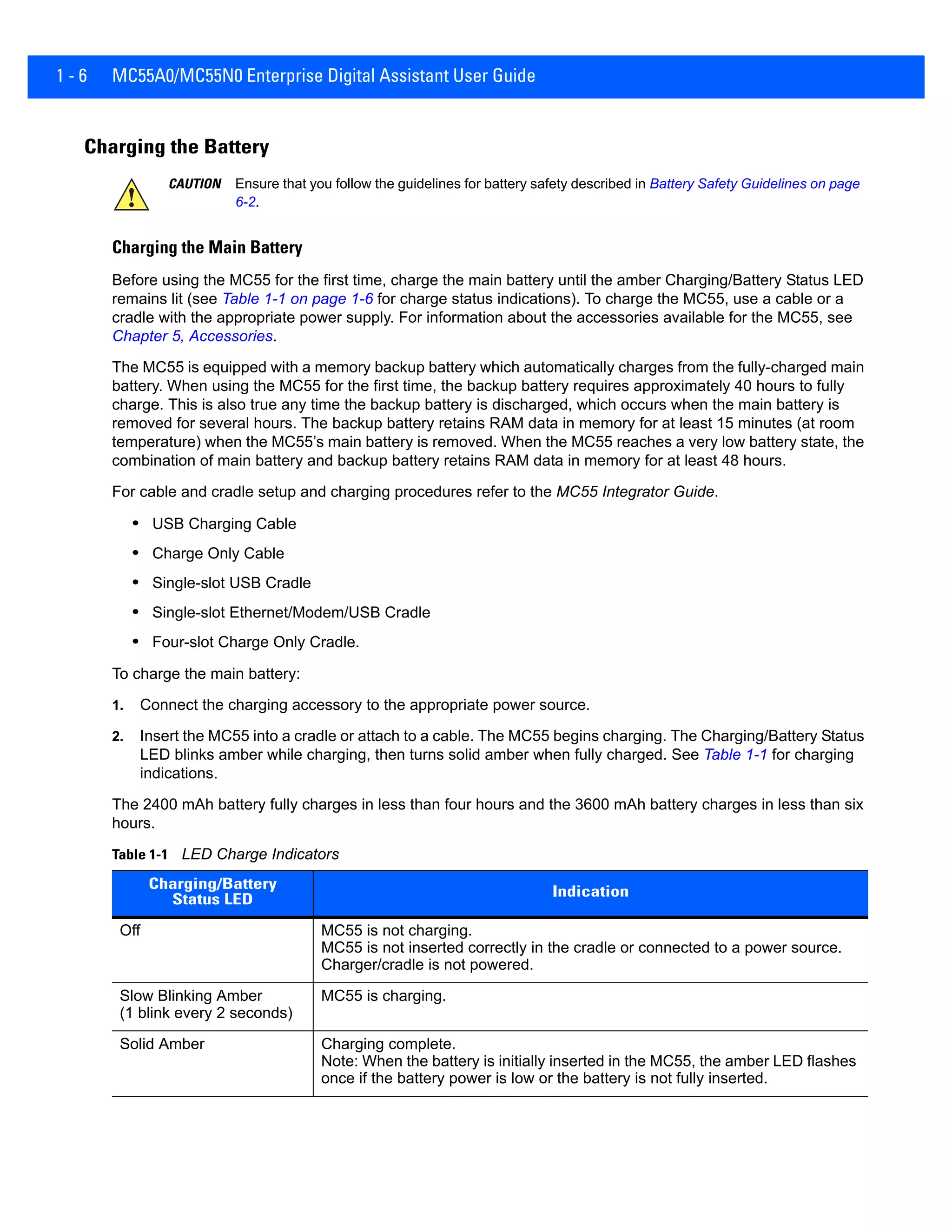 1 - 6 MC55A0/MC55N0 Enterprise Digital Assistant User Guide
Charging the Battery
Charging the Main Battery
Before using the MC55 for the first time, charge the main battery until the amber Charging/Battery Status LED
remains lit (see Table 1-1 on page 1-6 for charge status indications). To charge the MC55, use a cable or a
cradle with the appropriate power supply. For information about the accessories available for the MC55, see
Chapter 5, Accessories.
The MC55 is equipped with a memory backup battery which automatically charges from the fully-charged main
battery. When using the MC55 for the first time, the backup battery requires approximately 40 hours to fully
charge. This is also true any time the backup battery is discharged, which occurs when the main battery is
removed for several hours. The backup battery retains RAM data in memory for at least 15 minutes (at room
temperature) when the MC55’s main battery is removed. When the MC55 reaches a very low battery state, the
combination of main battery and backup battery retains RAM data in memory for at least 48 hours.
For cable and cradle setup and charging procedures refer to the MC55 Integrator Guide.
• USB Charging Cable
• Charge Only Cable
• Single-slot USB Cradle
• Single-slot Ethernet/Modem/USB Cradle
• Four-slot Charge Only Cradle.
To charge the main battery:
1. Connect the charging accessory to the appropriate power source.
2. Insert the MC55 into a cradle or attach to a cable. The MC55 begins charging. The Charging/Battery Status
LED blinks amber while charging, then turns solid amber when fully charged. See Table 1-1 for charging
indications.
The 2400 mAh battery fully charges in less than four hours and the 3600 mAh battery charges in less than six
hours.
CAUTION Ensure that you follow the guidelines for battery safety described in Battery Safety Guidelines on page
6-2.
Table 1-1 LED Charge Indicators
Charging/Battery
Status LED Indication
Off MC55 is not charging.
MC55 is not inserted correctly in the cradle or connected to a power source.
Charger/cradle is not powered.
Slow Blinking Amber
(1 blink every 2 seconds)
MC55 is charging.
Solid Amber Charging complete.
Note: When the battery is initially inserted in the MC55, the amber LED flashes
once if the battery power is low or the battery is not fully inserted.
 
