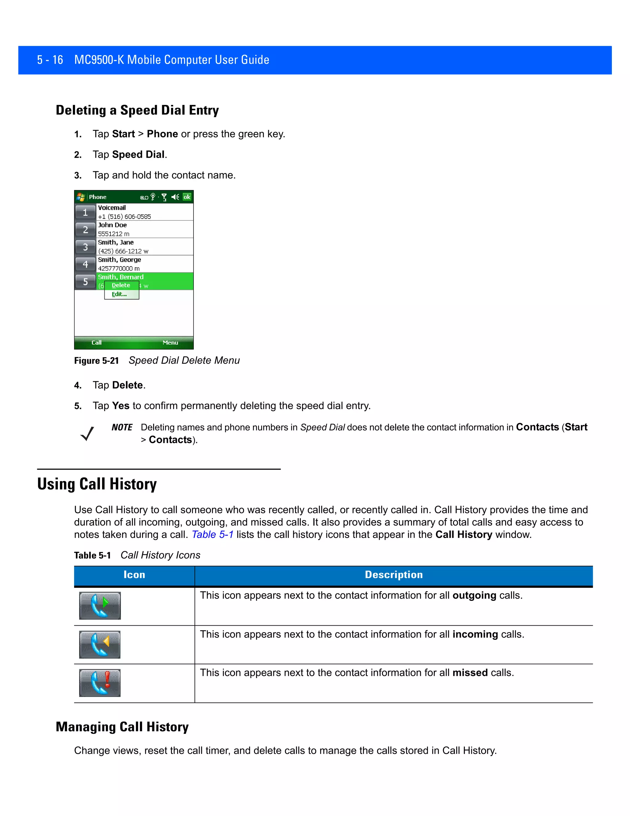 5 - 16 MC9500-K Mobile Computer User Guide
Deleting a Speed Dial Entry
1. Tap Start > Phone or press the green key.
2. Tap Speed Dial.
3. Tap and hold the contact name.
Figure 5-21 Speed Dial Delete Menu
4. Tap Delete.
5. Tap Yes to confirm permanently deleting the speed dial entry.
Using Call History
Use Call History to call someone who was recently called, or recently called in. Call History provides the time and
duration of all incoming, outgoing, and missed calls. It also provides a summary of total calls and easy access to
notes taken during a call. Table 5-1 lists the call history icons that appear in the Call History window.
Managing Call History
Change views, reset the call timer, and delete calls to manage the calls stored in Call History.
NOTE Deleting names and phone numbers in Speed Dial does not delete the contact information in Contacts (Start
> Contacts).
Table 5-1 Call History Icons
Icon Description
This icon appears next to the contact information for all outgoing calls.
This icon appears next to the contact information for all incoming calls.
This icon appears next to the contact information for all missed calls.
 