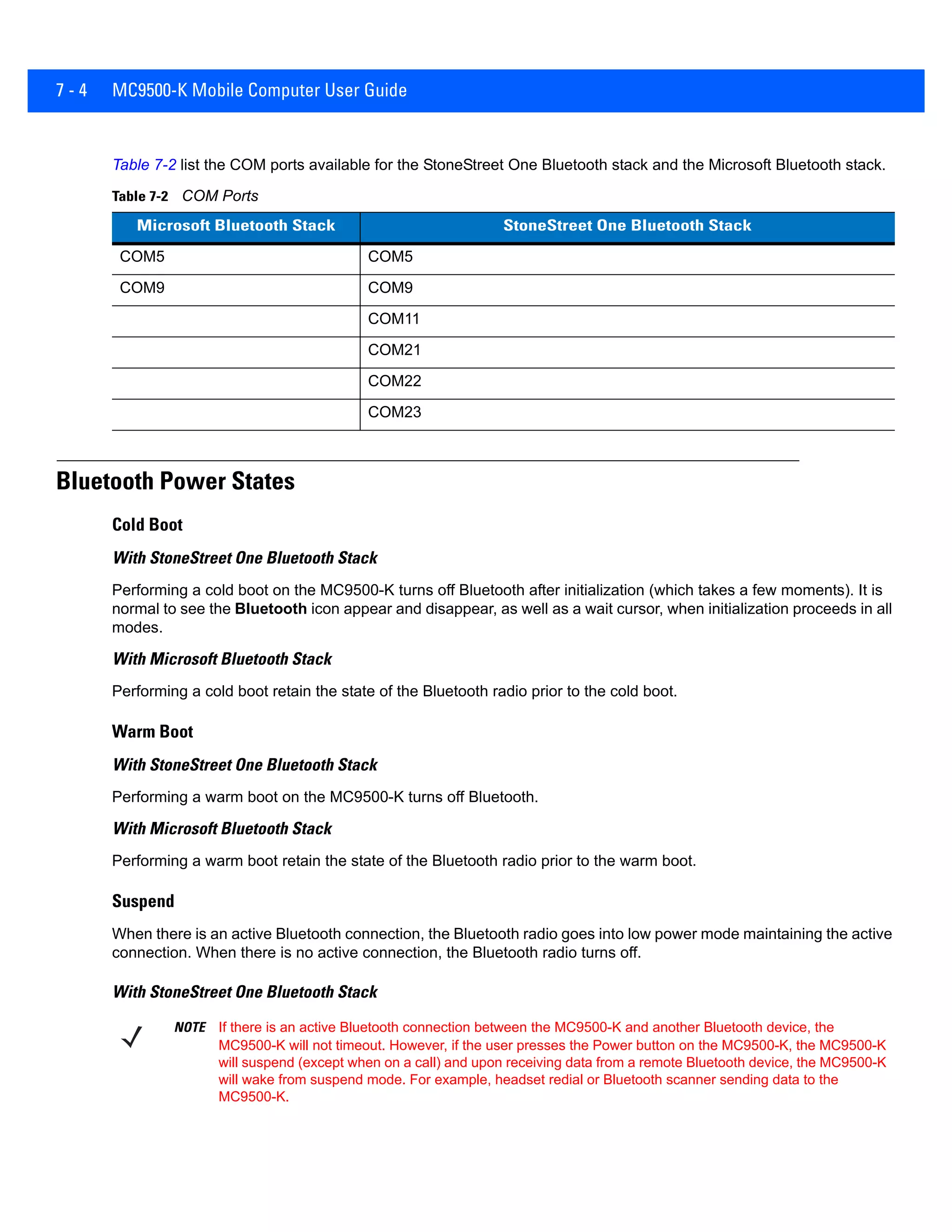 7 - 4 MC9500-K Mobile Computer User Guide
Table 7-2 list the COM ports available for the StoneStreet One Bluetooth stack and the Microsoft Bluetooth stack.
Bluetooth Power States
Cold Boot
With StoneStreet One Bluetooth Stack
Performing a cold boot on the MC9500-K turns off Bluetooth after initialization (which takes a few moments). It is
normal to see the Bluetooth icon appear and disappear, as well as a wait cursor, when initialization proceeds in all
modes.
With Microsoft Bluetooth Stack
Performing a cold boot retain the state of the Bluetooth radio prior to the cold boot.
Warm Boot
With StoneStreet One Bluetooth Stack
Performing a warm boot on the MC9500-K turns off Bluetooth.
With Microsoft Bluetooth Stack
Performing a warm boot retain the state of the Bluetooth radio prior to the warm boot.
Suspend
When there is an active Bluetooth connection, the Bluetooth radio goes into low power mode maintaining the active
connection. When there is no active connection, the Bluetooth radio turns off.
With StoneStreet One Bluetooth Stack
Table 7-2 COM Ports
Microsoft Bluetooth Stack StoneStreet One Bluetooth Stack
COM5 COM5
COM9 COM9
COM11
COM21
COM22
COM23
NOTE If there is an active Bluetooth connection between the MC9500-K and another Bluetooth device, the
MC9500-K will not timeout. However, if the user presses the Power button on the MC9500-K, the MC9500-K
will suspend (except when on a call) and upon receiving data from a remote Bluetooth device, the MC9500-K
will wake from suspend mode. For example, headset redial or Bluetooth scanner sending data to the
MC9500-K.
 