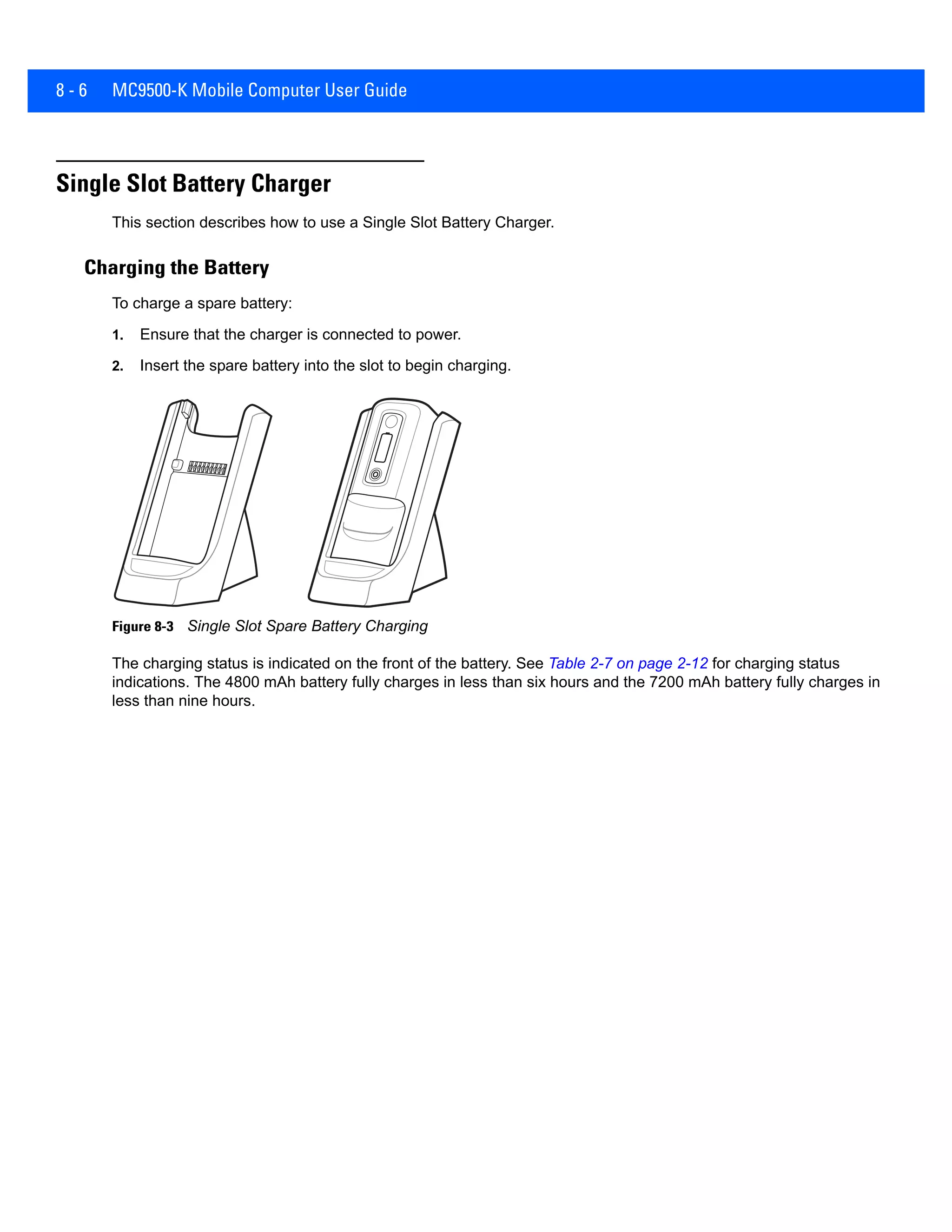 8 - 6 MC9500-K Mobile Computer User Guide
Single Slot Battery Charger
This section describes how to use a Single Slot Battery Charger.
Charging the Battery
To charge a spare battery:
1. Ensure that the charger is connected to power.
2. Insert the spare battery into the slot to begin charging.
Figure 8-3 Single Slot Spare Battery Charging
The charging status is indicated on the front of the battery. See Table 2-7 on page 2-12 for charging status
indications. The 4800 mAh battery fully charges in less than six hours and the 7200 mAh battery fully charges in
less than nine hours.
 
