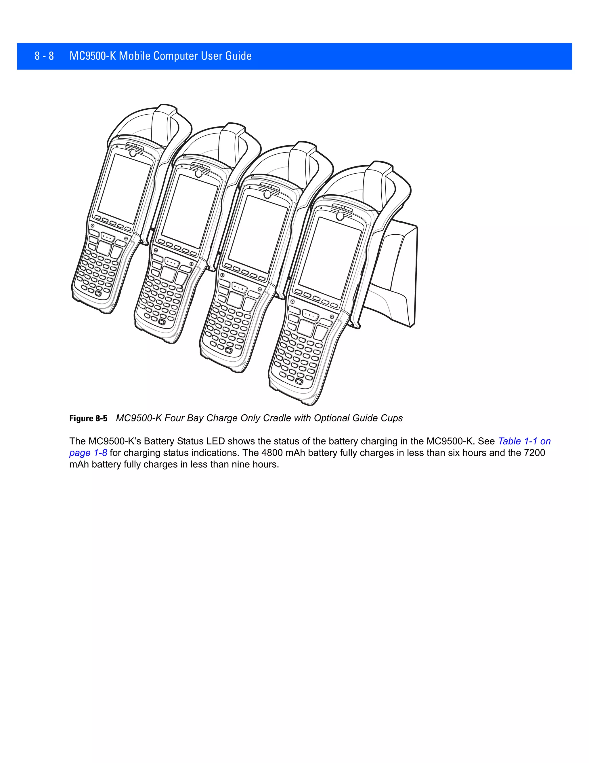 8 - 8 MC9500-K Mobile Computer User Guide
Figure 8-5 MC9500-K Four Bay Charge Only Cradle with Optional Guide Cups
The MC9500-K’s Battery Status LED shows the status of the battery charging in the MC9500-K. See Table 1-1 on
page 1-8 for charging status indications. The 4800 mAh battery fully charges in less than six hours and the 7200
mAh battery fully charges in less than nine hours.
 