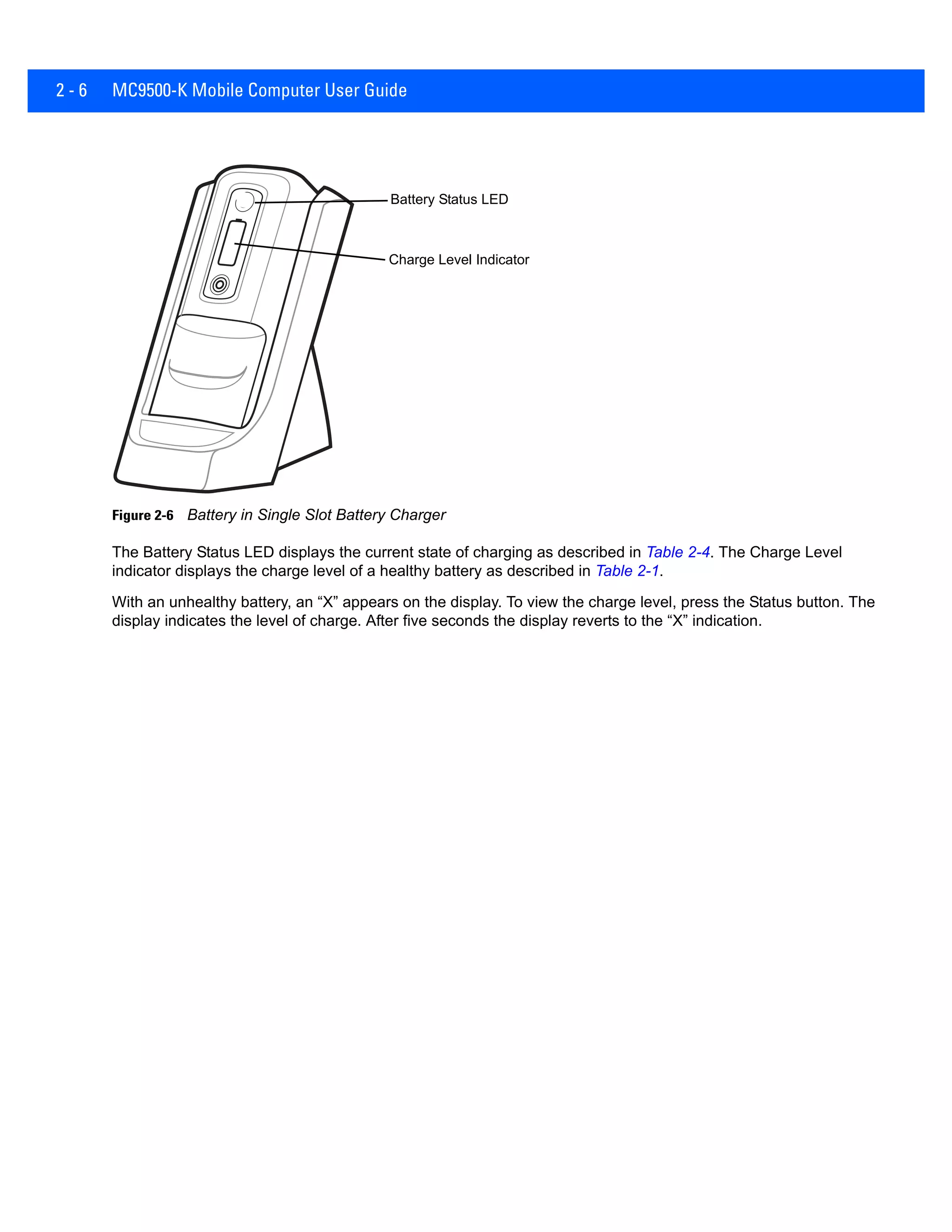 2 - 6 MC9500-K Mobile Computer User Guide
Figure 2-6 Battery in Single Slot Battery Charger
The Battery Status LED displays the current state of charging as described in Table 2-4. The Charge Level
indicator displays the charge level of a healthy battery as described in Table 2-1.
With an unhealthy battery, an “X” appears on the display. To view the charge level, press the Status button. The
display indicates the level of charge. After five seconds the display reverts to the “X” indication.
Battery Status LED
Charge Level Indicator
 