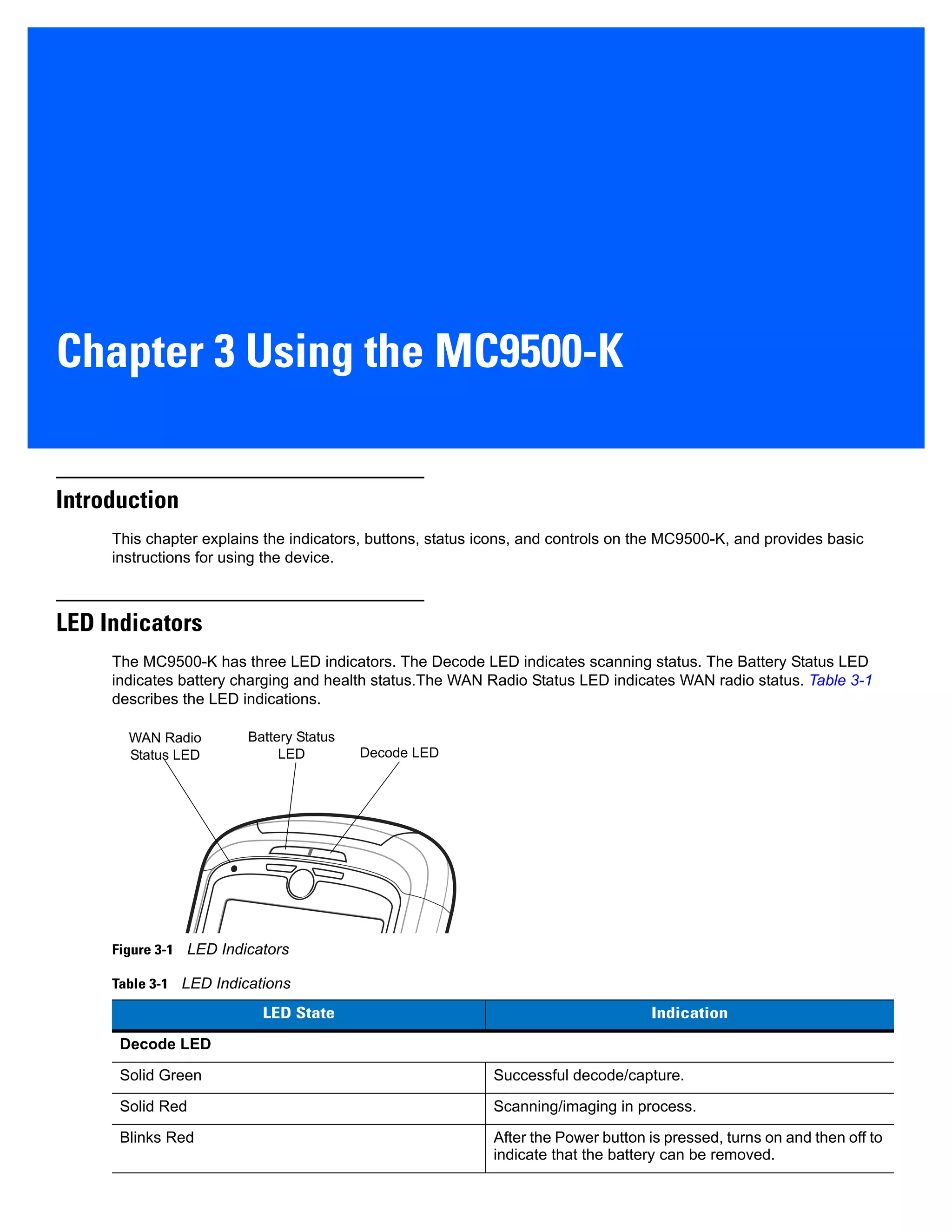 Chapter 3 Using the MC9500-K
Introduction
This chapter explains the indicators, buttons, status icons, and controls on the MC9500-K, and provides basic
instructions for using the device.
LED Indicators
The MC9500-K has three LED indicators. The Decode LED indicates scanning status. The Battery Status LED
indicates battery charging and health status.The WAN Radio Status LED indicates WAN radio status. Table 3-1
describes the LED indications.
Figure 3-1 LED Indicators
Table 3-1 LED Indications
LED State Indication
Decode LED
Solid Green Successful decode/capture.
Solid Red Scanning/imaging in process.
Blinks Red After the Power button is pressed, turns on and then off to
indicate that the battery can be removed.
Decode LED
Battery Status
LED
WAN Radio
Status LED
 