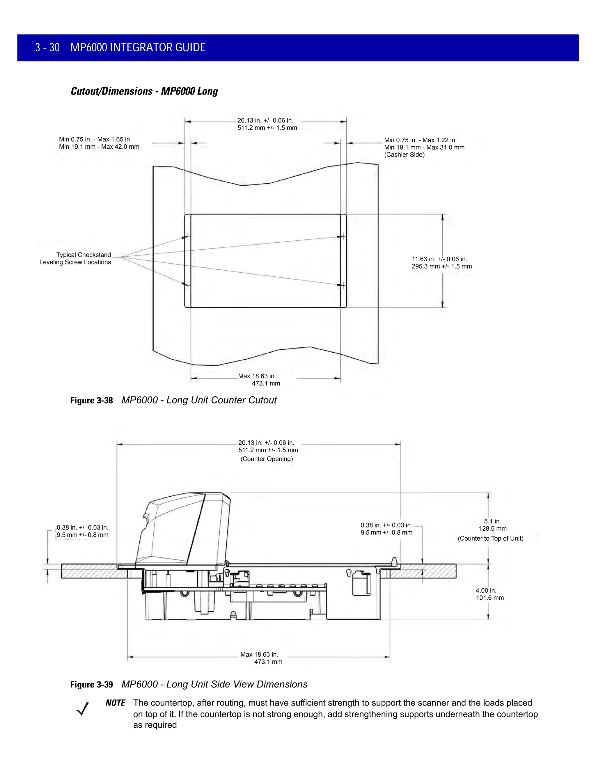 3 - 30 MP6000 INTEGRATOR GUIDE
Cutout/Dimensions - MP6000 Long
Figure 3-38 MP6000 - Long Unit Counter Cutout
Figure 3-39 MP6000 - Long Unit Side View Dimensions
11.63 in. +/- 0.06 in.
295.3 mm +/- 1.5 mm
Min 0.75 in. - Max 1.65 in.
Min 19.1 mm - Max 42.0 mm
Typical Checkstand
Leveling Screw Locations
Max 18.63 in.
473.1 mm
Min 0.75 in. - Max 1.22 in.
Min 19.1 mm - Max 31.0 mm
(Cashier Side)
20.13 in. +/- 0.06 in.
511.2 mm +/- 1.5 mm
0.38 in. +/- 0.03 in.
9.5 mm +/- 0.8 mm
20.13 in. +/- 0.06 in.
511.2 mm +/- 1.5 mm
(Counter Opening)
5.1 in.
128.5 mm
(Counter to Top of Unit)
4.00 in.
101.6 mm
Max 18.63 in.
473.1 mm
0.38 in. +/- 0.03 in.
9.5 mm +/- 0.8 mm
NOTE The countertop, after routing, must have sufficient strength to support the scanner and the loads placed
on top of it. If the countertop is not strong enough, add strengthening supports underneath the countertop
as required
 