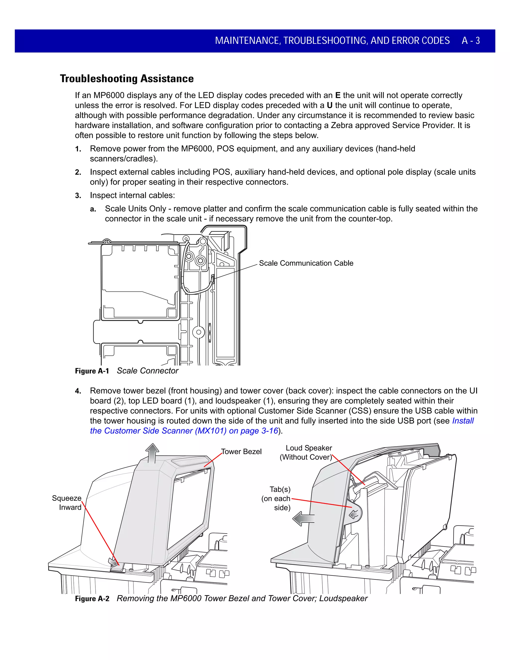 MAINTENANCE, TROUBLESHOOTING, AND ERROR CODES A - 3
Troubleshooting Assistance
If an MP6000 displays any of the LED display codes preceded with an E the unit will not operate correctly
unless the error is resolved. For LED display codes preceded with a U the unit will continue to operate,
although with possible performance degradation. Under any circumstance it is recommended to review basic
hardware installation, and software configuration prior to contacting a Zebra approved Service Provider. It is
often possible to restore unit function by following the steps below.
1. Remove power from the MP6000, POS equipment, and any auxiliary devices (hand-held
scanners/cradles).
2. Inspect external cables including POS, auxiliary hand-held devices, and optional pole display (scale units
only) for proper seating in their respective connectors.
3. Inspect internal cables:
a. Scale Units Only - remove platter and confirm the scale communication cable is fully seated within the
connector in the scale unit - if necessary remove the unit from the counter-top.
Figure A-1 Scale Connector
4. Remove tower bezel (front housing) and tower cover (back cover): inspect the cable connectors on the UI
board (2), top LED board (1), and loudspeaker (1), ensuring they are completely seated within their
respective connectors. For units with optional Customer Side Scanner (CSS) ensure the USB cable within
the tower housing is routed down the side of the unit and fully inserted into the side USB port (see Install
the Customer Side Scanner (MX101) on page 3-16).
Figure A-2 Removing the MP6000 Tower Bezel and Tower Cover; Loudspeaker
Scale Communication Cable
Tab(s)
(on each
side)
Squeeze
Inward
Tower Bezel Loud Speaker
(Without Cover)
 
