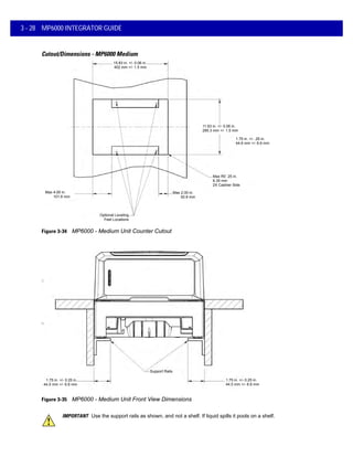 1.75 in. +/- 0.25 in.
44.5 mm +/- 6.6 mm
1.75 in. +/- 0.25 in.
44.5 mm +/- 6.6 mm
Support Rails
3 - 28 MP6000 INTEGRATOR GUIDE
Cutout/Dimensions - MP6000 Medium
Figure 3-34 MP6000 - Medium Unit Counter Cutout
Figure 3-35 MP6000 - Medium Unit Front View Dimensions
1.75 in. +/- .25 in.
44.6 mm +/- 6.6 mm
15.83 in. +/- 0.06 in.
402 mm +/- 1.5 mm
1.75 in. +/- .25 in.
44.6 mm +/- 6.6 mm
Max R0 .25 in.
6.35 mm
2X Cashier Side
11.63 in. +/- 0.06 in.
295.3 mm +/- 1.5 mm
Max 4.00 in.
101.6 mm
Optional Leveling
Feet Locations
Max 2.00 in.
50.8 mm
IMPORTANT Use the support rails as shown, and not a shelf. If liquid spills it pools on a shelf.
 