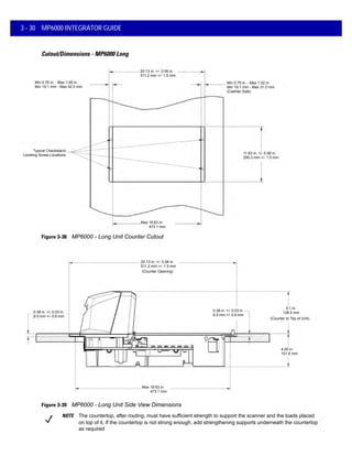3 - 30 MP6000 INTEGRATOR GUIDE
Cutout/Dimensions - MP6000 Long
Figure 3-38 MP6000 - Long Unit Counter Cutout
Figure 3-39 MP6000 - Long Unit Side View Dimensions
11.63 in. +/- 0.06 in.
295.3 mm +/- 1.5 mm
Min 0.75 in. - Max 1.65 in.
Min 19.1 mm - Max 42.0 mm
Typical Checkstand
Leveling Screw Locations
Max 18.63 in.
473.1 mm
Min 0.75 in. - Max 1.22 in.
Min 19.1 mm - Max 31.0 mm
(Cashier Side)
20.13 in. +/- 0.06 in.
511.2 mm +/- 1.5 mm
0.38 in. +/- 0.03 in.
9.5 mm +/- 0.8 mm
20.13 in. +/- 0.06 in.
511.2 mm +/- 1.5 mm
(Counter Opening)
5.1 in.
128.5 mm
(Counter to Top of Unit)
4.00 in.
101.6 mm
Max 18.63 in.
473.1 mm
0.38 in. +/- 0.03 in.
9.5 mm +/- 0.8 mm
NOTE The countertop, after routing, must have sufficient strength to support the scanner and the loads placed
on top of it. If the countertop is not strong enough, add strengthening supports underneath the countertop
as required
 