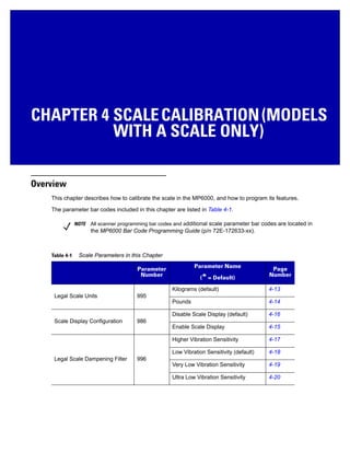 CHAPTER 4 SCALECALIBRATION(MODELS
WITH A SCALE ONLY)
Overview
This chapter describes how to calibrate the scale in the MP6000, and how to program its features.
The parameter bar codes included in this chapter are listed in Table 4-1.
NOTE All scanner programming bar codes and additional scale parameter bar codes are located in
the MP6000 Bar Code Programming Guide (p/n 72E-172633-xx).
Parameter
Parameter
Number
Parameter Name
(* = Default)
Page
Number
Legal Scale Units 995
Kilograms (default) 4-13
Pounds 4-14
Scale Display Configuration 986
Disable Scale Display (default) 4-16
Enable Scale Display 4-15
Legal Scale Dampening Filter 996
Higher Vibration Sensitivity 4-17
Low Vibration Sensitivity (default) 4-18
Very Low Vibration Sensitivity 4-19
Ultra Low Vibration Sensitivity 4-20
Table 4-1 Scale Parameters in this Chapter
 