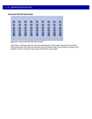 5 - 20 MP6000 INTEGRATOR GUIDE
Sensormatic EAS Soft Tags (Labels)
Figure 5-16 Sensormatic EAS Soft Tags (Labels)
Deactivation of soft tags alerts the user with audible Geiger counter beeps. Deactivation of soft tags
synchronized with a bar code scan alerts the user with audible Geiger counter beeps. Soft tags can be
disabled, and they can also be reset using a Sensormatic tag re-setter.
 