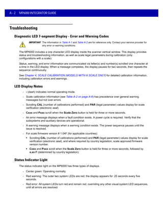 A - 2 MP6000 INTEGRATOR GUIDE
Troubleshooting
Diagnostic LED 7-segment Display - Error and Warning Codes
IMPORTANT The information in Table A-1 and Table A-2 are for reference only. Contact your service provider for
any error or warning conditions.
The MP6000 includes a one character LED display inside the scanner vertical window. This display provides
status and troubleshooting information, as well as scale legal parameters during calibration (only
configurations with a scale).
Status, warning, and error information are communicated via letter(s) and number(s) scrolled one character at
a time in the LED display. When a message completes, the display pauses for two seconds, then repeats the
sequence continuously.
See Chapter 4, SCALE CALIBRATION (MODELS WITH A SCALE ONLY) for detailed calibration information,
including calibration errors and warnings.
LED Display Notes
• - (dash) indicates normal operating mode.
• Scale calibration information (see Table A-2 on page A-6) has precedence over general warning
messages but not over errors.
• Scrolling CAL (number of calibrations performed) and PAR (legal parameter) values display for scale
verification (electronic seal).
• Cxxx and Pxxx scroll when the Scale Zero button is held for three or more seconds.
• An error message displays when a fault condition exists. A power cycle is required. Verify that the
subsystems and auxiliary devices are operational.
• A warning message displays when a warning condition exists. The power sequence pauses until the
issue is resolved.
• For scale firmware version # 1.04F (for applicable countries):
• Scrolling CAL (number of calibrations performed) and PAR (legal parameter) values display for scale
verification (electronic seal), and where required by country legislation, scale approved firmware
version number.
• Cxxx and Pxxx scroll when the Scale Zero button is held for three or more seconds, followed by
x.xx F (determined by country legislation).
Status Indicator Light
The status indicator light on the MP6000 has three types of displays.
• Center green: Operating normally.
• Red warning: The outer two system LEDs are red; the display appears for .25 seconds every five
seconds.
• Red error: All system LEDs turn red and remain red, overriding any other visual system LED sequences,
until all errors are resolved.
 