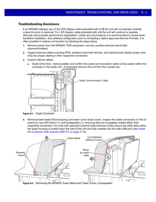 MAINTENANCE, TROUBLESHOOTING, AND ERROR CODES A - 3
Troubleshooting Assistance
If an MP6000 displays any of the LED display codes preceded with an E the unit will not operate correctly
unless the error is resolved. For LED display codes preceded with a U the unit will continue to operate,
although with possible performance degradation. Under any circumstance it is recommended to review basic
hardware installation, and software configuration prior to contacting a Zebra approved Service Provider. It is
often possible to restore unit function by following the steps below.
1. Remove power from the MP6000, POS equipment, and any auxiliary devices (hand-held
scanners/cradles).
2. Inspect external cables including POS, auxiliary hand-held devices, and optional pole display (scale units
only) for proper seating in their respective connectors.
3. Inspect internal cables:
a. Scale Units Only - remove platter and confirm the scale communication cable is fully seated within the
connector in the scale unit - if necessary remove the unit from the counter-top.
Figure A-1 Scale Connector
4. Remove tower bezel (front housing) and tower cover (back cover): inspect the cable connectors on the UI
board (2), top LED board (1), and loudspeaker (1), ensuring they are completely seated within their
respective connectors. For units with optional Customer Side Scanner (CSS) ensure the USB cable within
the tower housing is routed down the side of the unit and fully inserted into the side USB port (see Install
the Customer Side Scanner (MX101) on page 3-16).
Figure A-2 Removing the MP6000 Tower Bezel and Tower Cover; Loudspeaker
Scale Communication Cable
Tab(s)
(on each
side)
Squeeze
Inward
Tower Bezel Loud Speaker
(Without Cover)
 