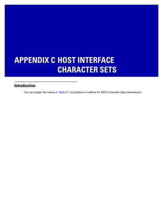 APPENDIX C HOST INTERFACE
CHARACTER SETS
Introduction
You can assign the values in Table C-1 as prefixes or suffixes for ASCII character data transmission.
 