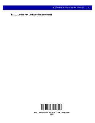 HOST INTERFACES AND CABLE PINOUTS 2 - 35
RS-232 Device Port Configuration (continued)
AUX 1 Sensormatic and AUX 2 Dual Cable Scale
(02h)
 