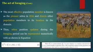 The act of foraging (Cont.)
 The most effective population member is known
as the pioneer zebra in ZOA and directs other
population members to its location in the
domain.
 Thus, zebra position updates during the
foraging period can be represented numerically
with as shown in Equation
 