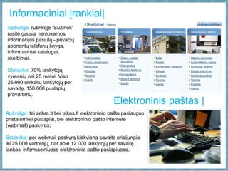 Informaciniai įrankiai|
Apžvalga: rubrikoje “Sužinok”
rasite gausią nemokamos
informacijos pasiūlą - privačių
abonentų telefonų knyga,
informaciniai katalogai,
skelbimai.
Statistika: 70% lankytojų
vyresnių nei 25 metai. Viso
25.000 unikalių lankytojų per
savaitę, 150.000 puslapių
pravartimų.
Apžvalga: tai zebra.lt bei takas.lt elektroninio pašto paslaugos
pristatomieji puslapiai, bei elektroninio pašto internete
(webmail) paskyros;
Statistika: per webmail paskyrą kiekvieną savaite prisijungia
iki 25 000 vartotojų, dar apie 12 000 lankytojų per savaitę
lankosi informaciniuose elektroninio pašto puslapiuose.
Elektroninis paštas |
 