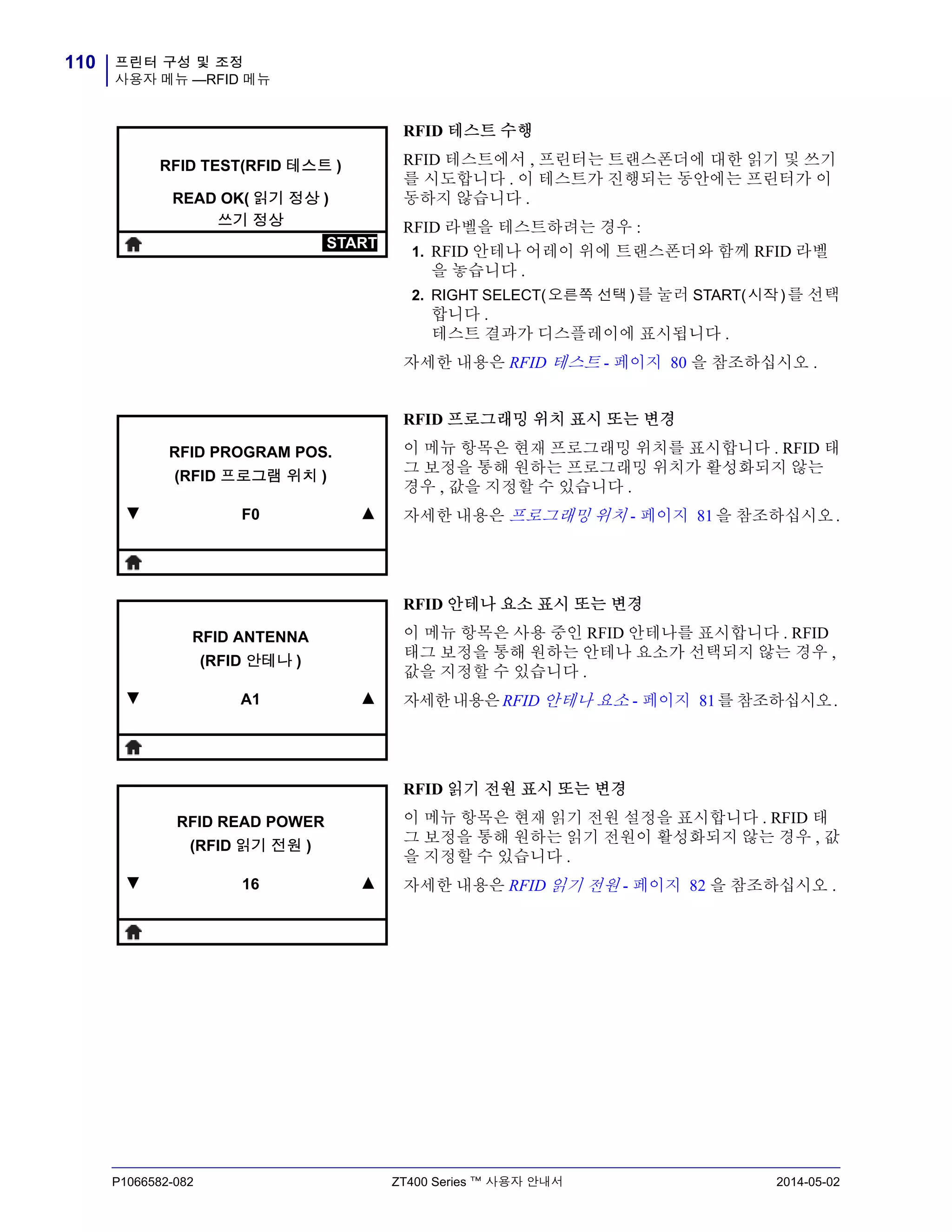 프린터 구성 및 조정
사용자 메뉴 —RFID 메뉴
110
P1066582-082 ZT400 Series ™ 사용자 안내서 2014-05-02
RFID 테스트 수행
RFID 테스트에서 , 프린터는 트랜스폰더에 대한 읽기 및 쓰기
를 시도합니다 . 이 테스트가 진행되는 동안에는 프린터가 이
동하지 않습니다 .
RFID 라벨을 테스트하려는 경우 :
1. RFID 안테나 어레이 위에 트랜스폰더와 함께 RFID 라벨
을 놓습니다 .
2. RIGHT SELECT(오른쪽 선택)를 눌러 START(시작)를 선택
합니다 .
테스트 결과가 디스플레이에 표시됩니다 .
자세한 내용은 RFID 테스트 - 페이지 80 을 참조하십시오 .
RFID 프로그래밍 위치 표시 또는 변경
이 메뉴 항목은 현재 프로그래밍 위치를 표시합니다 . RFID 태
그 보정을 통해 원하는 프로그래밍 위치가 활성화되지 않는
경우 , 값을 지정할 수 있습니다 .
자세한 내용은 프로그래밍 위치 - 페이지 81을 참조하십시오.
RFID 안테나 요소 표시 또는 변경
이 메뉴 항목은 사용 중인 RFID 안테나를 표시합니다 . RFID
태그 보정을 통해 원하는 안테나 요소가 선택되지 않는 경우 ,
값을 지정할 수 있습니다 .
자세한내용은RFID 안테나 요소 - 페이지 81를 참조하십시오.
RFID 읽기 전원 표시 또는 변경
이 메뉴 항목은 현재 읽기 전원 설정을 표시합니다 . RFID 태
그 보정을 통해 원하는 읽기 전원이 활성화되지 않는 경우 , 값
을 지정할 수 있습니다 .
자세한 내용은 RFID 읽기 전원 - 페이지 82 을 참조하십시오 .
RFID TEST(RFID 테스트 )
READ OK( 읽기 정상 )
쓰기 정상
START
▼
RFID PROGRAM POS.
(RFID 프로그램 위치 )
F0 ▲
▼
RFID ANTENNA
(RFID 안테나 )
A1 ▲
▼
RFID READ POWER
(RFID 읽기 전원 )
16 ▲
 