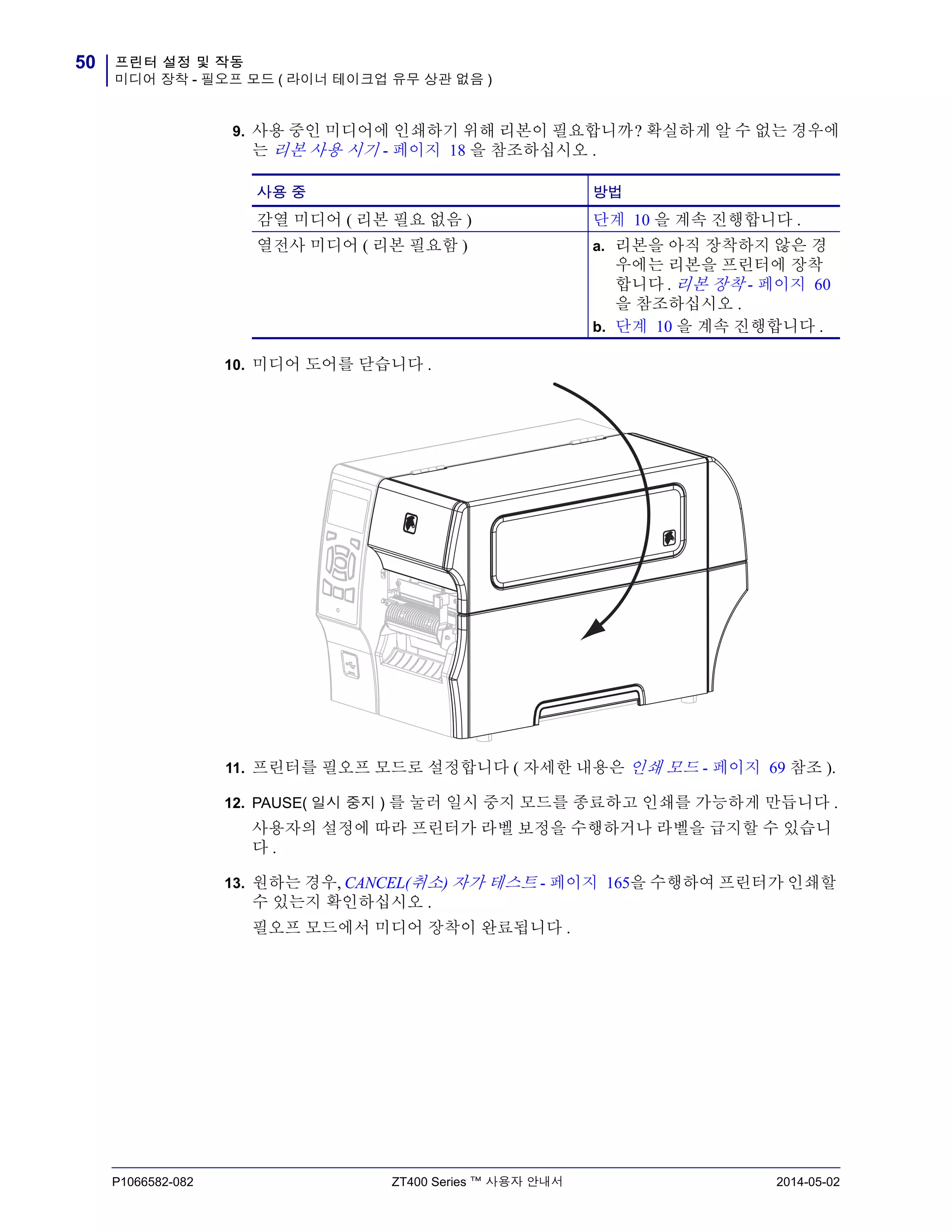 프린터 설정 및 작동
미디어 장착 - 필오프 모드 ( 라이너 테이크업 유무 상관 없음 )
50
P1066582-082 ZT400 Series ™ 사용자 안내서 2014-05-02
9. 사용 중인 미디어에 인쇄하기 위해 리본이 필요합니까? 확실하게 알 수 없는 경우에
는 리본 사용 시기 - 페이지 18 을 참조하십시오 .
10. 미디어 도어를 닫습니다 .
11. 프린터를 필오프 모드로 설정합니다 ( 자세한 내용은 인쇄 모드 - 페이지 69 참조 ).
12. PAUSE( 일시 중지 ) 를 눌러 일시 중지 모드를 종료하고 인쇄를 가능하게 만듭니다 .
사용자의 설정에 따라 프린터가 라벨 보정을 수행하거나 라벨을 급지할 수 있습니
다 .
13. 원하는 경우, CANCEL(취소) 자가 테스트 - 페이지 165을 수행하여 프린터가 인쇄할
수 있는지 확인하십시오 .
필오프 모드에서 미디어 장착이 완료됩니다 .
사용 중 방법
감열 미디어 ( 리본 필요 없음 ) 단계 10 을 계속 진행합니다 .
열전사 미디어 ( 리본 필요함 ) a. 리본을 아직 장착하지 않은 경
우에는 리본을 프린터에 장착
합니다 . 리본 장착 - 페이지 60
을 참조하십시오 .
b. 단계 10 을 계속 진행합니다 .
 