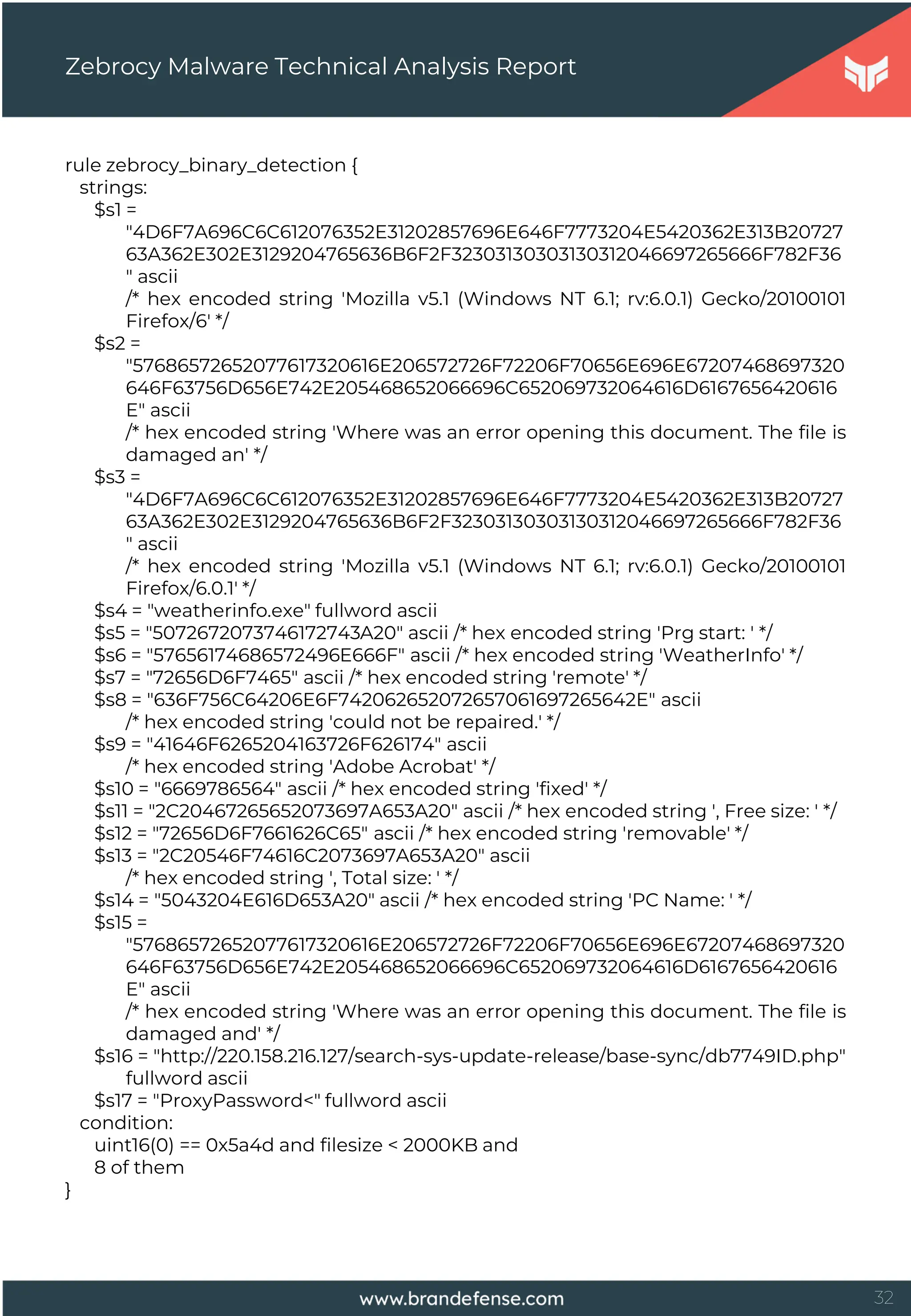 32
rule zebrocy_binary_detection {
strings:
$s1 =
"4D6F7A696C6C612076352E31202857696E646F7773204E5420362E313B20727
63A362E302E3129204765636B6F2F32303130303130312046697265666F782F36
" ascii
/* hex encoded string 'Mozilla v5.1 (Windows NT 6.1; rv:6.0.1) Gecko/20100101
Firefox/6' */
$s2 =
"57686572652077617320616E206572726F72206F70656E696E67207468697320
646F63756D656E742E205468652066696C652069732064616D6167656420616
E" ascii
/* hex encoded string 'Where was an error opening this document. The file is
damaged an' */
$s3 =
"4D6F7A696C6C612076352E31202857696E646F7773204E5420362E313B20727
63A362E302E3129204765636B6F2F32303130303130312046697265666F782F36
" ascii
/* hex encoded string 'Mozilla v5.1 (Windows NT 6.1; rv:6.0.1) Gecko/20100101
Firefox/6.0.1' */
$s4 = "weatherinfo.exe" fullword ascii
$s5 = "5072672073746172743A20" ascii /* hex encoded string 'Prg start: ' */
$s6 = "57656174686572496E666F" ascii /* hex encoded string 'WeatherInfo' */
$s7 = "72656D6F7465" ascii /* hex encoded string 'remote' */
$s8 = "636F756C64206E6F742062652072657061697265642E" ascii
/* hex encoded string 'could not be repaired.' */
$s9 = "41646F6265204163726F626174" ascii
/* hex encoded string 'Adobe Acrobat' */
$s10 = "6669786564" ascii /* hex encoded string 'fixed' */
$s11 = "2C20467265652073697A653A20" ascii /* hex encoded string ', Free size: ' */
$s12 = "72656D6F7661626C65" ascii /* hex encoded string 'removable' */
$s13 = "2C20546F74616C2073697A653A20" ascii
/* hex encoded string ', Total size: ' */
$s14 = "5043204E616D653A20" ascii /* hex encoded string 'PC Name: ' */
$s15 =
"57686572652077617320616E206572726F72206F70656E696E67207468697320
646F63756D656E742E205468652066696C652069732064616D6167656420616
E" ascii
/* hex encoded string 'Where was an error opening this document. The file is
damaged and' */
$s16 = "http://220.158.216.127/search-sys-update-release/base-sync/db7749ID.php"
fullword ascii
$s17 = "ProxyPassword<" fullword ascii
condition:
uint16(0) == 0x5a4d and filesize < 2000KB and
8 of them
}
Zebrocy Malware Technical Analysis Report
 