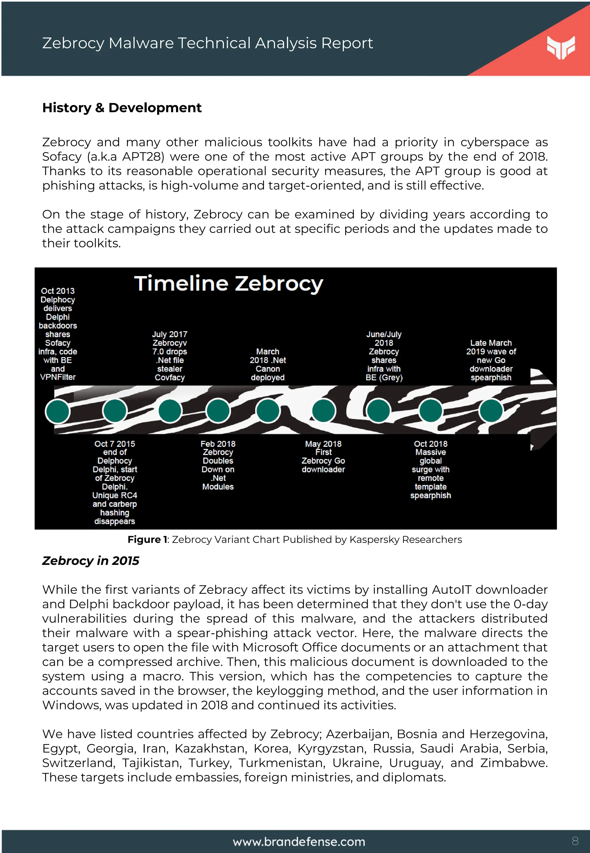 8
History & Development
Zebrocy and many other malicious toolkits have had a priority in cyberspace as
Sofacy (a.k.a APT28) were one of the most active APT groups by the end of 2018.
Thanks to its reasonable operational security measures, the APT group is good at
phishing attacks, is high-volume and target-oriented, and is still effective.
On the stage of history, Zebrocy can be examined by dividing years according to
the attack campaigns they carried out at specific periods and the updates made to
their toolkits.
Zebrocy in 2015
While the first variants of Zebracy affect its victims by installing AutoIT downloader
and Delphi backdoor payload, it has been determined that they don't use the 0-day
vulnerabilities during the spread of this malware, and the attackers distributed
their malware with a spear-phishing attack vector. Here, the malware directs the
target users to open the file with Microsoft Office documents or an attachment that
can be a compressed archive. Then, this malicious document is downloaded to the
system using a macro. This version, which has the competencies to capture the
accounts saved in the browser, the keylogging method, and the user information in
Windows, was updated in 2018 and continued its activities.
We have listed countries affected by Zebrocy; Azerbaijan, Bosnia and Herzegovina,
Egypt, Georgia, Iran, Kazakhstan, Korea, Kyrgyzstan, Russia, Saudi Arabia, Serbia,
Switzerland, Tajikistan, Turkey, Turkmenistan, Ukraine, Uruguay, and Zimbabwe.
These targets include embassies, foreign ministries, and diplomats.
Zebrocy Malware Technical Analysis Report
Figure 1: Zebrocy Variant Chart Published by Kaspersky Researchers
 