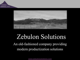Zebulon
Solutions, LLC




                   Zebulon Solutions
                 An old-fashioned company providing
                   modern productization solutions

                          www.zebulonsolutions.com
 