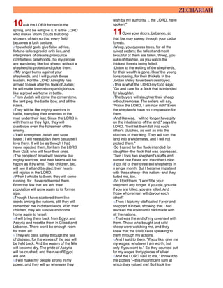 ZECHARIAH
10Ask the LORD for rain in the
spring, and he will give it. It is the LORD
who makes storm clouds that drop
showers of rain so that every field
becomes a lush pasture.
2Household gods give false advice,
fortune-tellers predict only lies, and
interpreters of dreams pronounce
comfortless falsehoods. So my people
are wandering like lost sheep, without a
shepherd to protect and guide them.
3"My anger burns against your
shepherds, and I will punish these
leaders. For the LORD Almighty has
arrived to look after his flock of Judah;
he will make them strong and glorious,
like a proud warhorse in battle.
4From Judah will come the cornerstone,
the tent peg, the battle bow, and all the
rulers.
5They will be like mighty warriors in
battle, trampling their enemies in the
mud under their feet. Since the LORD is
with them as they fight, they will
overthrow even the horsemen of the
enemy.
6"I will strengthen Judah and save
Israel ; I will reestablish them because I
love them. It will be as though I had
never rejected them, for I am the LORD
their God, who will hear their cries.
7The people of Israel will become like
mighty warriors, and their hearts will be
happy as if by wine. Their children, too,
will see it all and be glad; their hearts
will rejoice in the LORD.
8When I whistle to them, they will come
running, for I have redeemed them.
From the few that are left, their
population will grow again to its former
size.
9Though I have scattered them like
seeds among the nations, still they will
remember me in distant lands. With their
children, they will survive and come
home again to Israel.
10I will bring them back from Egypt and
Assyria and resettle them in Gilead and
Lebanon. There won't be enough room
for them all!
11They will pass safely through the sea
of distress, for the waves of the sea will
be held back. And the waters of the Nile
will become dry. The pride of Assyria
will be crushed, and the rule of Egypt
will end.
12I will make my people strong in my
power, and they will go wherever they
wish by my authority. I, the LORD, have
spoken!"
11Open your doors, Lebanon, so
that fire may sweep through your cedar
forests.
2Weep, you cypress trees, for all the
ruined cedars; the tallest and most
beautiful of them are fallen. Weep, you
oaks of Bashan, as you watch the
thickest forests being felled.
3Listen to the wailing of the shepherds,
for their wealth is gone. Hear the young
lions roaring, for their thickets in the
Jordan Valley have been destroyed.
4This is what the LORD my God says:
"Go and care for a flock that is intended
for slaughter.
5The buyers will slaughter their sheep
without remorse. The sellers will say,
'Praise the LORD, I am now rich!' Even
the shepherds have no compassion for
them.
6And likewise, I will no longer have pity
on the inhabitants of the land," says the
LORD. "I will let them fall into each
other's clutches, as well as into the
clutches of their king. They will turn the
land into a wilderness, and I will not
protect them."
7So I cared for the flock intended for
slaughter--the flock that was oppressed.
Then I took two shepherd's staffs and
named one Favor and the other Union.
8I got rid of their three evil shepherds in
a single month. But I became impatient
with these sheep--this nation--and they
hated me, too.
9So I told them, "I won't be your
shepherd any longer. If you die, you die.
If you are killed, you are killed. And
those who remain will devour each
other!"
10Then I took my staff called Favor and
snapped it in two, showing that I had
revoked the covenant I had made with
all the nations.
11That was the end of my covenant with
them. Those who bought and sold
sheep were watching me, and they
knew that the LORD was speaking to
them through my actions.
12And I said to them, "If you like, give me
my wages, whatever I am worth; but
only if you want to." So they counted out
for my wages thirty pieces of silver.
13And the LORD said to me, "Throw it to
the potters "--this magnificent sum at
which they valued me! So I took the
 