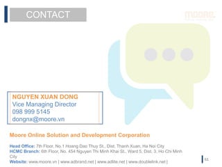 CONTACT
NGUYEN XUAN DONG
Vice Managing Director
098 999 5145
dongnx@moore.vn
Moore Online Solution and Development Corporation
Head Office: 7th Floor, No.1 Hoang Dao Thuy St., Dist. Thanh Xuan, Ha Noi City
HCMC Branch: 6th Floor, No. 454 Nguyen Thi Minh Khai St., Ward 5, Dist. 3, Ho Chi Minh
City
Website: www.moore.vn | www.adbrand.net | www.adlite.net | www.doublelink.net |
51
 