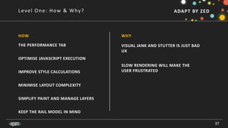 ADAPT BY ZEDLevel One: How & Why?
37
WHY
THE PERFORMANCE TAB
OPTIMISE JAVASCRIPT EXECUTION
IMPROVE STYLE CALCULATIONS
MINIMISE LAYOUT COMPLEXITY
SIMPLIFY PAINT AND MANAGE LAYERS
KEEP THE RAIL MODEL IN MIND
VISUAL JANK AND STUTTER IS JUST BAD
UX
SLOW RENDERING WILL MAKE THE
USER FRUSTRATED
HOW
 
