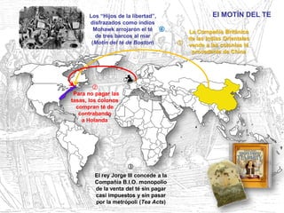 Para no pagar las
tasas, los colonos
compran té de
contrabando
a Holanda
La Compañía Británica
de las Indias Orientales
vende a las colonias té
procedente de China
El rey Jorge III concede a la
Compañía B.I.O. monopolio
de la venta del té sin pagar
casi impuestos y sin pasar
por la metrópoli (Tea Acts)
Los “Hijos de la libertad”,
disfrazados como indios
Mohawk arrojaron el té
de tres barcos al mar
(Motín del té de Boston)
El MOTÍN DEL TE




Historia4ºESO.JoaquínGarcíaAndrés.I.E.S.ComunerosdeCastilla
 