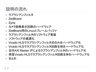 説明の流れ
 ラプラシアンフィルタ
 ZedBoard
 Zynq
 カメラ画像表示回路のハードウェア
 ZedBoard用のLinuxとフレームバッファ
 ラプラシアンフィルタのソフトウェア実装
 ソフトウェアの最適化
 Vivado HLSでラプラシアンフィルタ式のみをハードウェア化
 Vivado HLSでラプラシアンフィルタ回路全体をハードウェア化
 自作AXI Master IPによるラプラシアンフィルタのハードウェア化
 再度Vivado HLSでラプラシアンフィルタ回路全体をハードウェア化
 まとめ
2
 