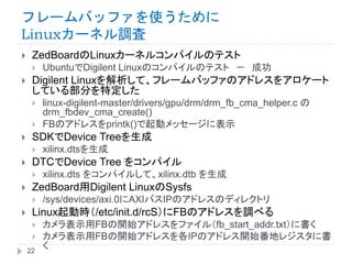 フレームバッファを使うために
Linuxカーネル調査
 ZedBoardのLinuxカーネルコンパイルのテスト
 UbuntuでDigilent Linuxのコンパイルのテスト － 成功
 Digilent Linuxを解析して、フレームバッファのアドレスをアロケート
している部分を特定した
 linux-digilent-master/drivers/gpu/drm/drm_fb_cma_helper.c の
drm_fbdev_cma_create()
 FBのアドレスをprintk()で起動メッセージに表示
 SDKでDevice Treeを生成
 xilinx.dtsを生成
 DTCでDevice Tree をコンパイル
 xilinx.dts をコンパイルして、xilinx.dtb を生成
 ZedBoard用Digilent LinuxのSysfs
 /sys/devices/axi.0にAXIバスIPのアドレスのディレクトリ
 Linux起動時（/etc/init.d/rcS）にFBのアドレスを調べる
 カメラ表示用FBの開始アドレスをファイル（fb_start_addr.txt）に書く
 カメラ表示用FBの開始アドレスを各IPのアドレス開始番地レジスタに書
く22
 