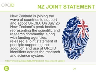 NZ JOINT STATEMENT
New Zealand is joining the
wave of countries to support
and adopt ORCID. On July 26
New Zealand's peak ...