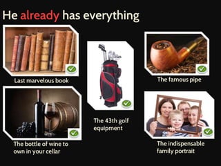 He already has everything 
Last marvelous book 
The bottle of wine to 
own in your cellar 
The famous pipe 
The indispensable 
family portrait 
The 43th golf 
equipment 
 