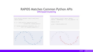 39
RAPIDS Matches Common Python APIs
CPU-based Clustering
from sklearn.datasets import make_moons
import pandas
X, y = make_moons(n_samples=int(1e2),
noise=0.05, random_state=0)
X = pandas.DataFrame({'fea%d'%i: X[:, i]
for i in range(X.shape[1])})
from sklearn.cluster import DBSCAN
dbscan = DBSCAN(eps = 0.3, min_samples = 5)
dbscan.fit(X)
y_hat = dbscan.predict(X)
 