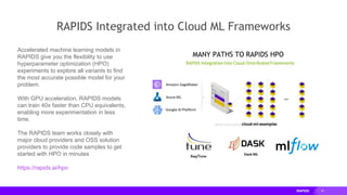 45
RAPIDS Integrated into Cloud ML Frameworks
Accelerated machine learning models in
RAPIDS give you the flexibility to use
hyperparameter optimization (HPO)
experiments to explore all variants to find
the most accurate possible model for your
problem.
With GPU acceleration, RAPIDS models
can train 40x faster than CPU equivalents,
enabling more experimentation in less
time.
The RAPIDS team works closely with
major cloud providers and OSS solution
providers to provide code samples to get
started with HPO in minutes
https://rapids.ai/hpo
 
