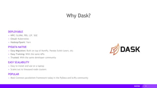 52
Why Dask?
DEPLOYABLE
▸ HPC: SLURM, PBS, LSF, SGE
▸ Cloud: Kubernetes
▸ Hadoop/Spark: Yarn
PYDATA NATIVE
▸ Easy Migration: Built on top of NumPy, Pandas Scikit-Learn, etc
▸ Easy Training: With the same APIs
▸ Trusted: With the same developer community
EASY SCALABILITY
▸ Easy to install and use on a laptop
▸ Scales out to thousand node clusters
POPULAR
▸ Most Common parallelism framework today in the PyData and SciPy community
 