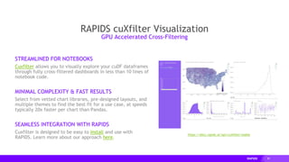 85
RAPIDS cuXfilter Visualization
GPU Accelerated Cross-Filtering
STREAMLINED FOR NOTEBOOKS
Cuxfilter allows you to visually explore your cuDF dataframes
through fully cross-filtered dashboards in less than 10 lines of
notebook code.
MINIMAL COMPLEXITY & FAST RESULTS
Select from vetted chart libraries, pre-designed layouts, and
multiple themes to find the best fit for a use case, at speeds
typically 20x faster per chart than Pandas.
SEAMLESS INTEGRATION WITH RAPIDS
Cuxfilter is designed to be easy to install and use with
RAPIDS. Learn more about our approach here.
https://docs.rapids.ai/api/cuxfilter/stable
 