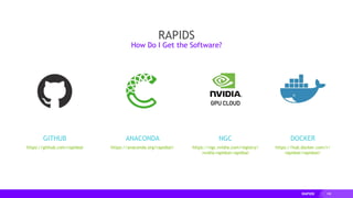 108
GITHUB DOCKER
https://github.com/rapidsai
ANACONDA NGC
https://anaconda.org/rapidsai/ https://ngc.nvidia.com/registry/
nvidia-rapidsai-rapidsai
https://hub.docker.com/r/
rapidsai/rapidsai/
RAPIDS
How Do I Get the Software?
 