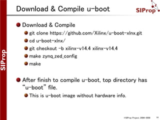 ©SIProp Project, 2006-2008 14
Download & Compile u-boot
Download & Compile
git clone https://github.com/Xilinx/u-boot-xlnx.git
cd u-boot-xlnx/
git checkout -b xilinx-v14.4 xilinx-v14.4
make zynq_zed_config
make
After finish to compile u-boot, top directory has
“u-boot” file.
This is u-boot image without hardware info.
 