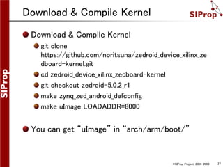 ©SIProp Project, 2006-2008 27
Download & Compile Kernel
Download & Compile Kernel
git clone
https://github.com/noritsuna/zedroid_device_xilinx_ze
dboard-kernel.git
cd zedroid_device_xilinx_zedboard-kernel
git checkout zedroid-5.0.2_r1
make zynq_zed_android_defconfig
make uImage LOADADDR=8000
You can get “uImage” in “arch/arm/boot/”
 