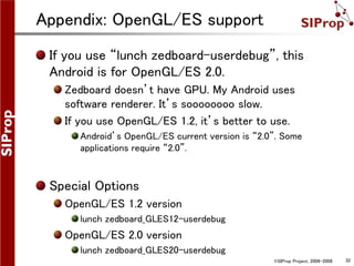 ©SIProp Project, 2006-2008 32
Appendix: OpenGL/ES support
If you use “lunch zedboard-userdebug”, this
Android is for OpenGL/ES 2.0.
Zedboard doesn’t have GPU. My Android uses
software renderer. It’s soooooooo slow.
If you use OpenGL/ES 1.2, it’s better to use.
Android’s OpenGL/ES current version is “2.0”. Some
applications require “2.0”.
Special Options
OpenGL/ES 1.2 version
lunch zedboard_GLES12-userdebug
OpenGL/ES 2.0 version
lunch zedboard_GLES20-userdebug
 