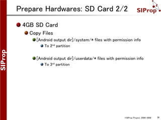 ©SIProp Project, 2006-2008 36
Prepare Hardwares: SD Card 2/2
4GB SD Card
Copy Files
[Android output dir]/system/* files with permission info
To 2nd partition
[Android output dir]/userdata/* files with permission info
To 3rd partition
 