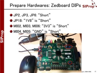 ©SIProp Project, 2006-2008 37
Prepare Hardwares: Zedboard DIPs
JP2, JP3, JP6: “Short”
JP18: “1V8” is “Short”
MI02, MI03, MI06: “3V3” is “Short”
MI04, MI05: “GND” is “Short”
 