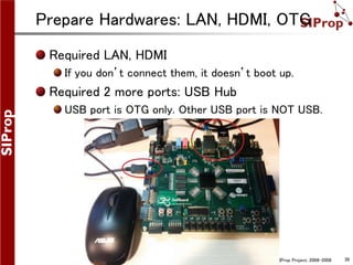 ©SIProp Project, 2006-2008 38
Prepare Hardwares: LAN, HDMI, OTG
Required LAN, HDMI
If you don’t connect them, it doesn’t boot up.
Required 2 more ports: USB Hub
USB port is OTG only. Other USB port is NOT USB.
 