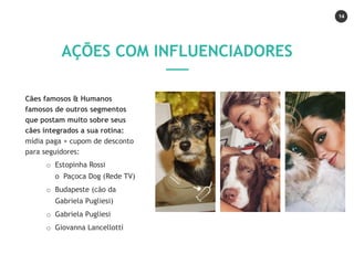 14
Cães famosos & Humanos
famosos de outros segmentos
que postam muito sobre seus
cães integrados a sua rotina:
mídia paga + cupom de desconto
para seguidores:
o Estopinha Rossi
o Paçoca Dog (Rede TV)
o Budapeste (cão da
Gabriela Pugliesi)
o Gabriela Pugliesi
o Giovanna Lancellotti
AÇÕES COM INFLUENCIADORES
 