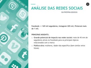 4
ANÁLISE DAS REDES SOCIAIS
Facebook -> 169 mil seguidores, Instagram 205 mil, Pinterest mais
de 1 mil.
PRINCIPAIS INSIGHTS:
o Grande potencial de impacto nas redes sociais: mais de 45 mm de
seguidores ativos no Facebook para os principais tópicos
relacionados com a marca
o Público-alvo: mulheres, idade não específica (bem similar entre
faixas)
DA PRÓPRIA ZEEDOG
 